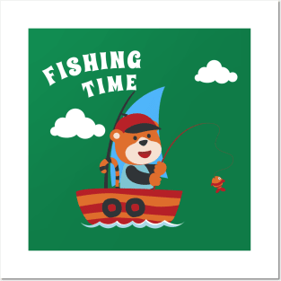 Vector cartoon illustration of cute tiger fishing on sailboat with cartoon style. Posters and Art